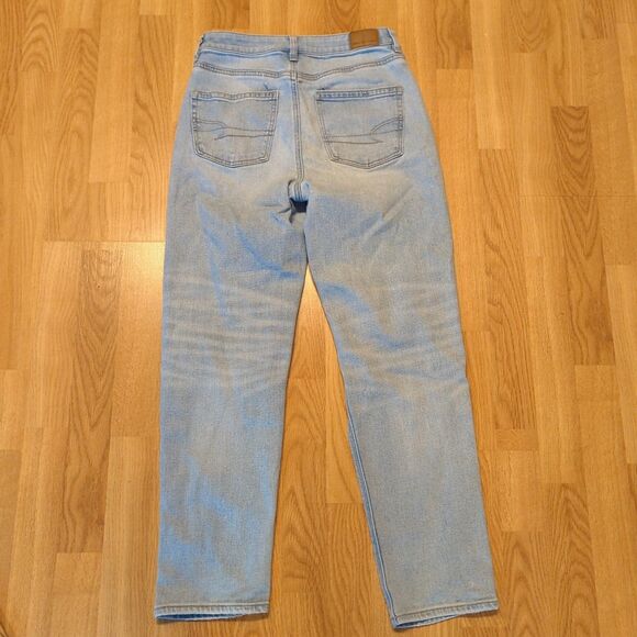American Eagle Mom Straight Leg Jeans Womens 4 Blue High Rise Distressed - Picture 4 of 8